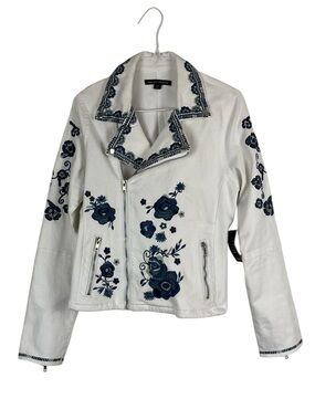 NWT Boston Proper White Denim & Blue Floral Embroidered Moto Jacket Size Small
